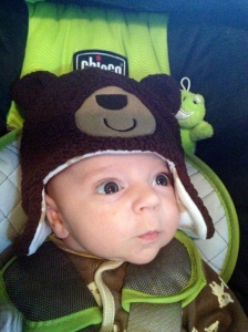 Lyndon with his bear hat - doesn't quite fit yet